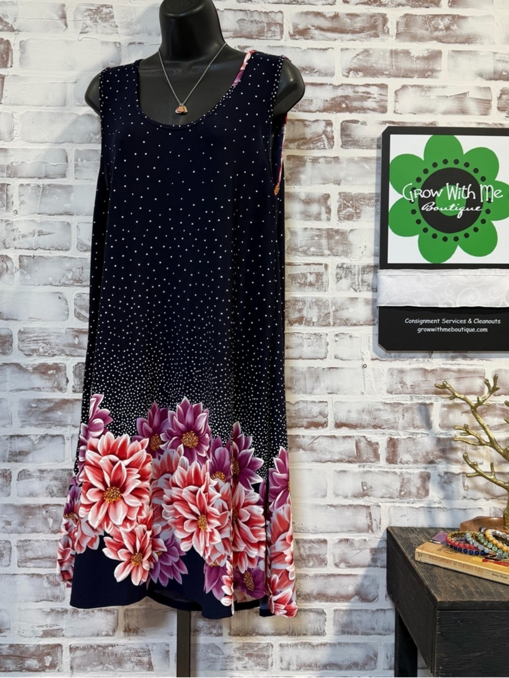 Navy Floral Sleeveless A-Line Dress with Pink Bouquet Hem